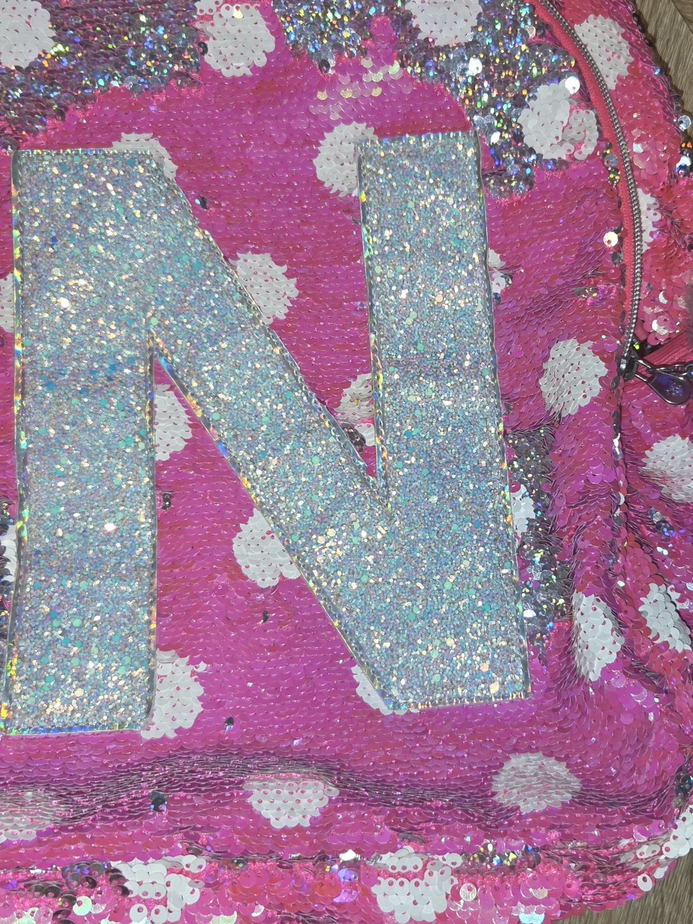 Vintage OG Justice Pink Polka Dot Flip Sequin Initial N Backpack Rare Pre 2017